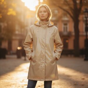 Jane Post Shiny Tan Buttercream Detachable Hood Rain Coat Women’s Large
